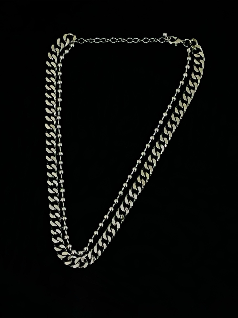 Silver-Tone Double Strand Cuban Curb + Ball Bead Station Layered Chain